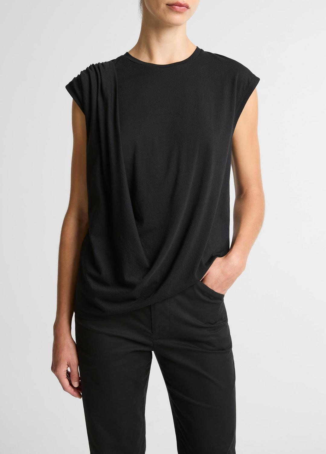 VINCE | Pima Cotton-Blend Draped Relaxed Top in Tank Tops - BLACK