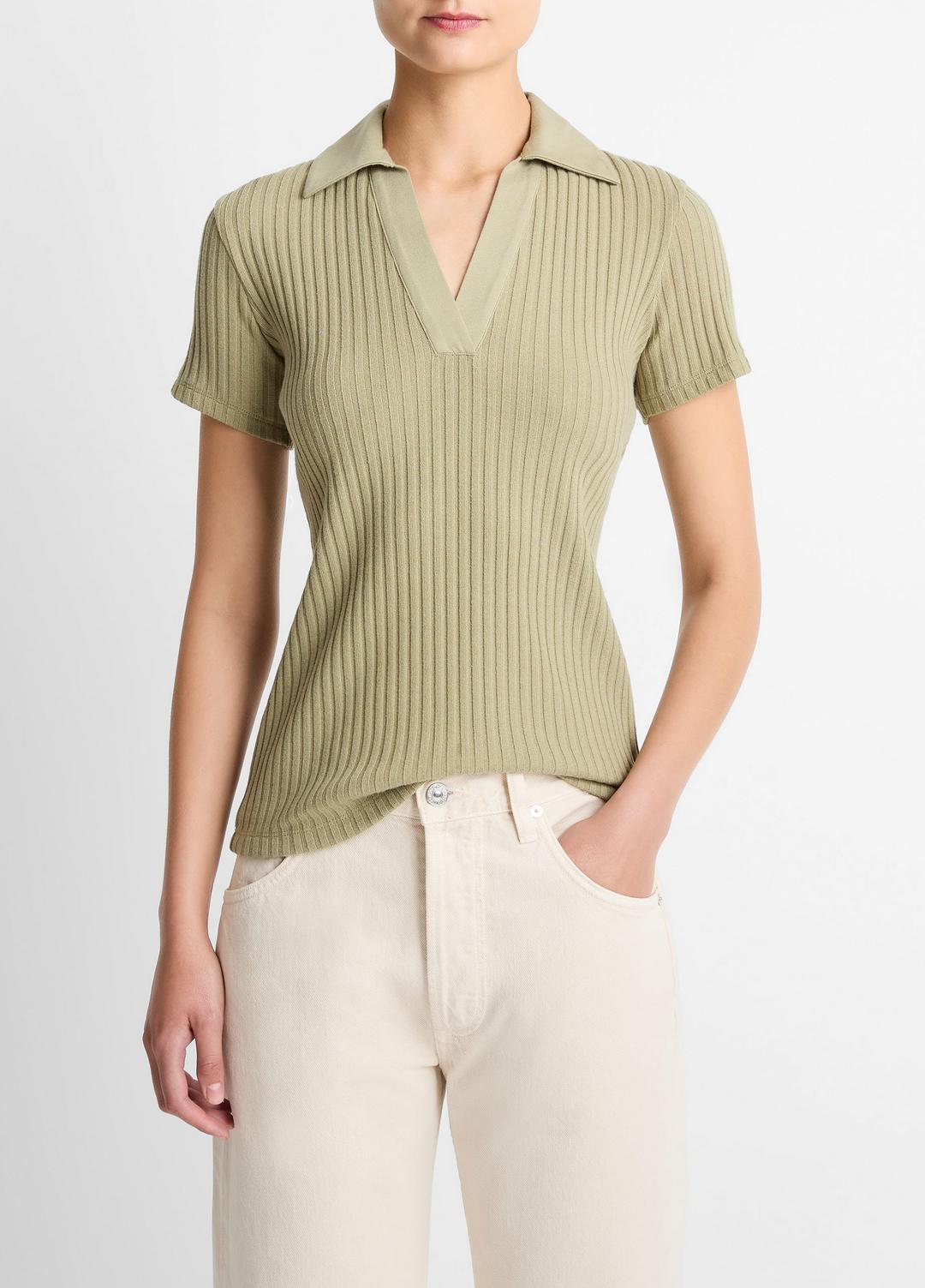VINCE | Ribbed Cotton-Blend Polo Shirt in Short Sleeve - OLIVE STONE
