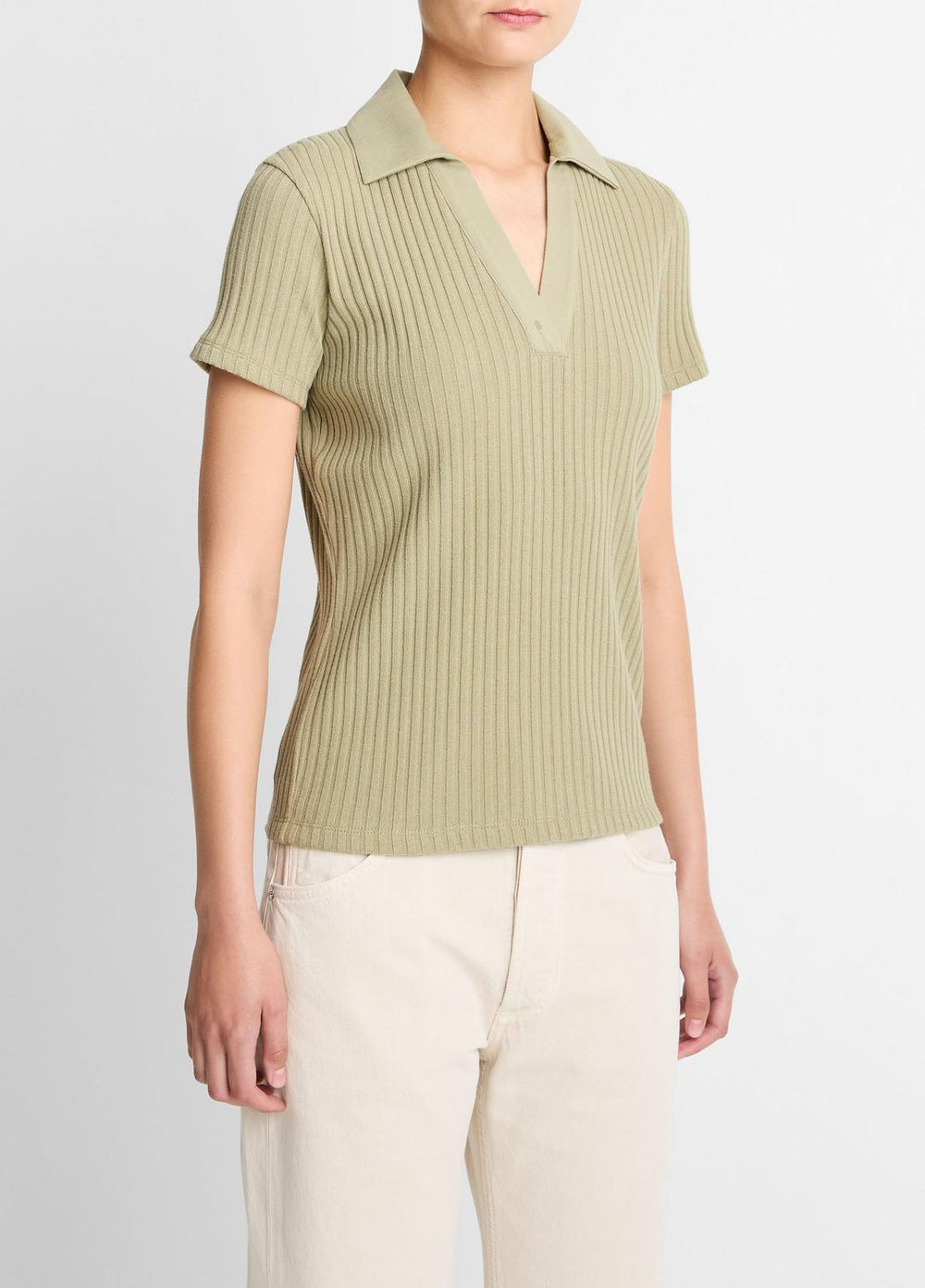 VINCE | Ribbed Cotton-Blend Polo Shirt in Short Sleeve - OLIVE STONE