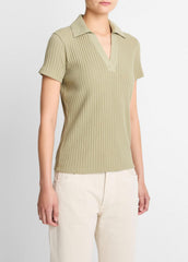 VINCE | Ribbed Cotton-Blend Polo Shirt in Short Sleeve - OLIVE STONE