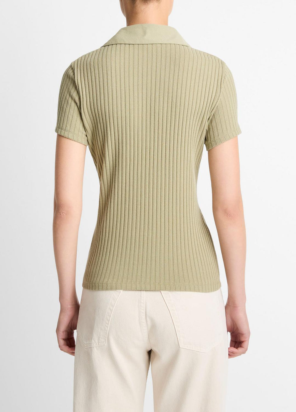 VINCE | Ribbed Cotton-Blend Polo Shirt in Short Sleeve - OLIVE STONE