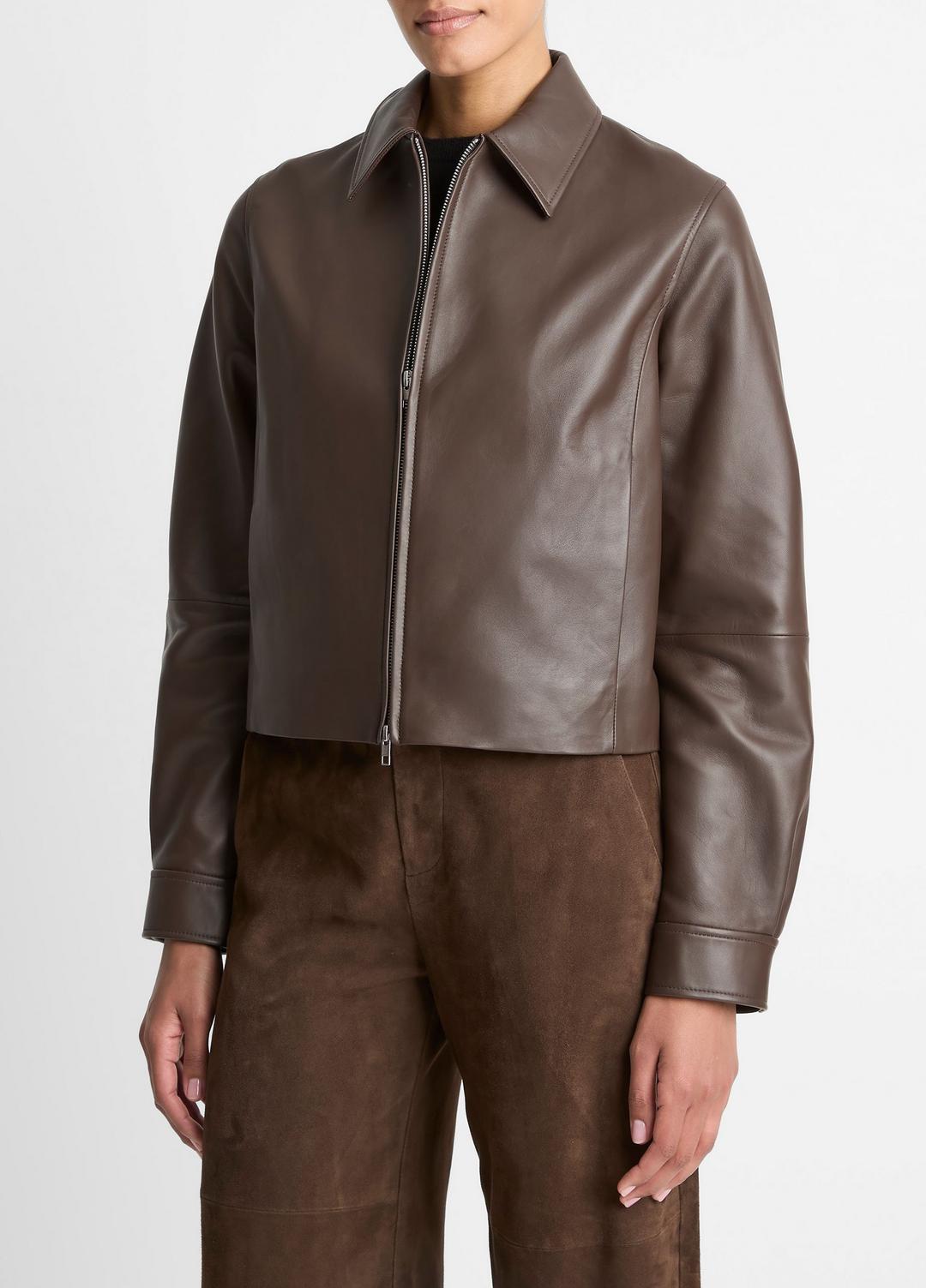 VINCE | Leather Cropped Zip-Front Jacket in Leather Jackets - CHOCOLATE
