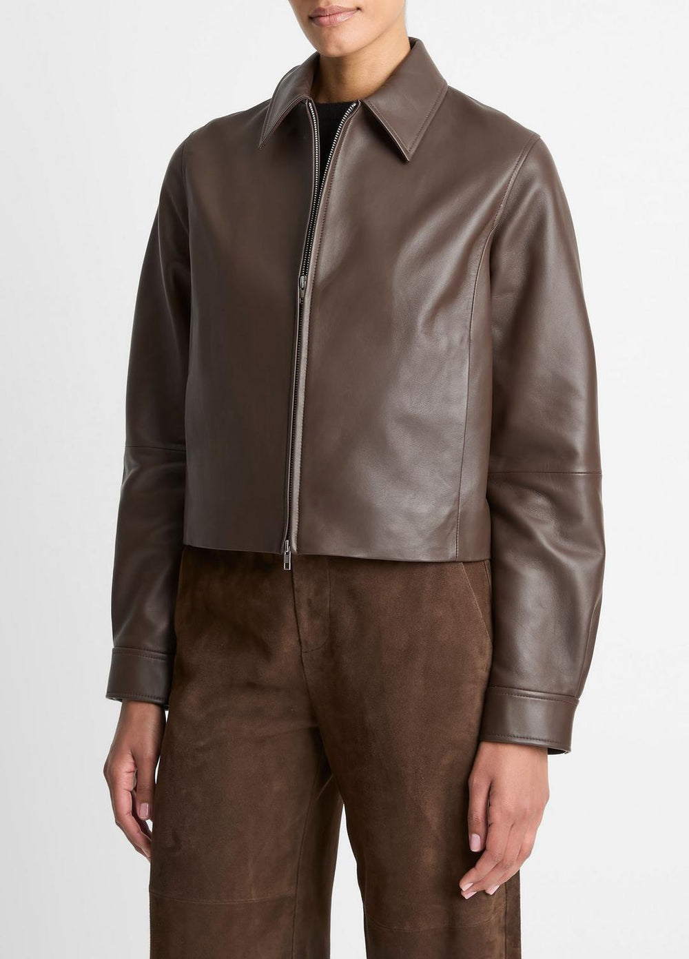 VINCE | Leather Cropped Zip-Front Jacket in Leather Jackets - CHOCOLATE