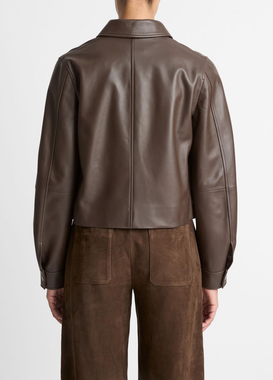 VINCE | Leather Cropped Zip-Front Jacket in Leather Jackets - CHOCOLATE