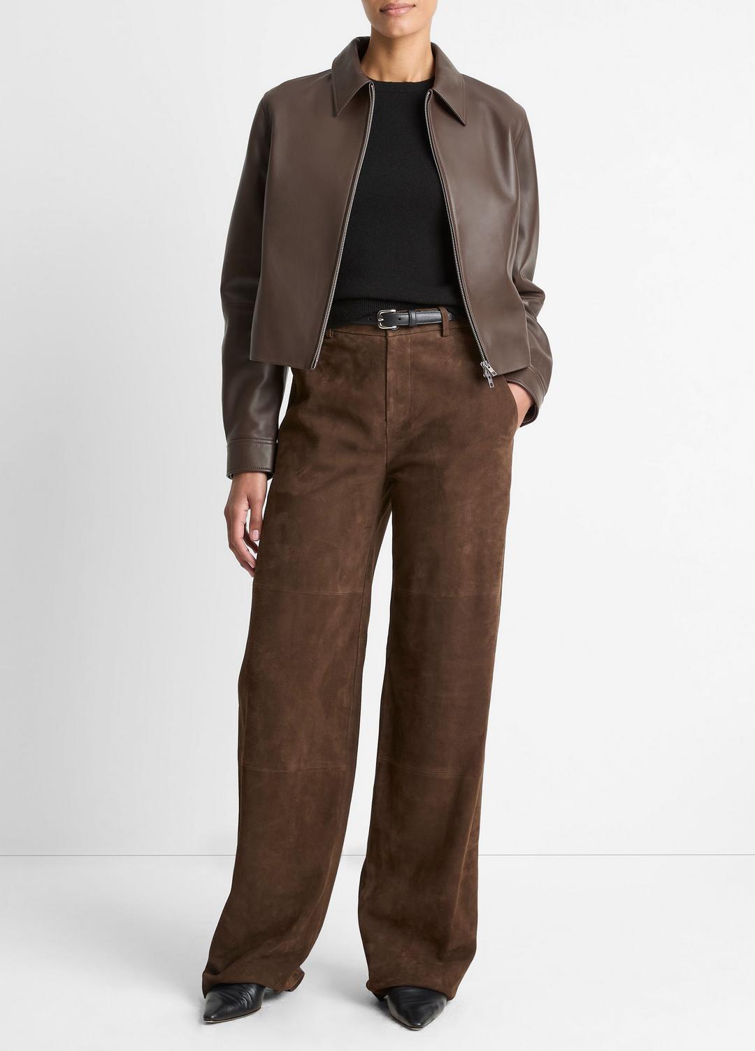 VINCE | Leather Cropped Zip-Front Jacket in Leather Jackets - CHOCOLATE