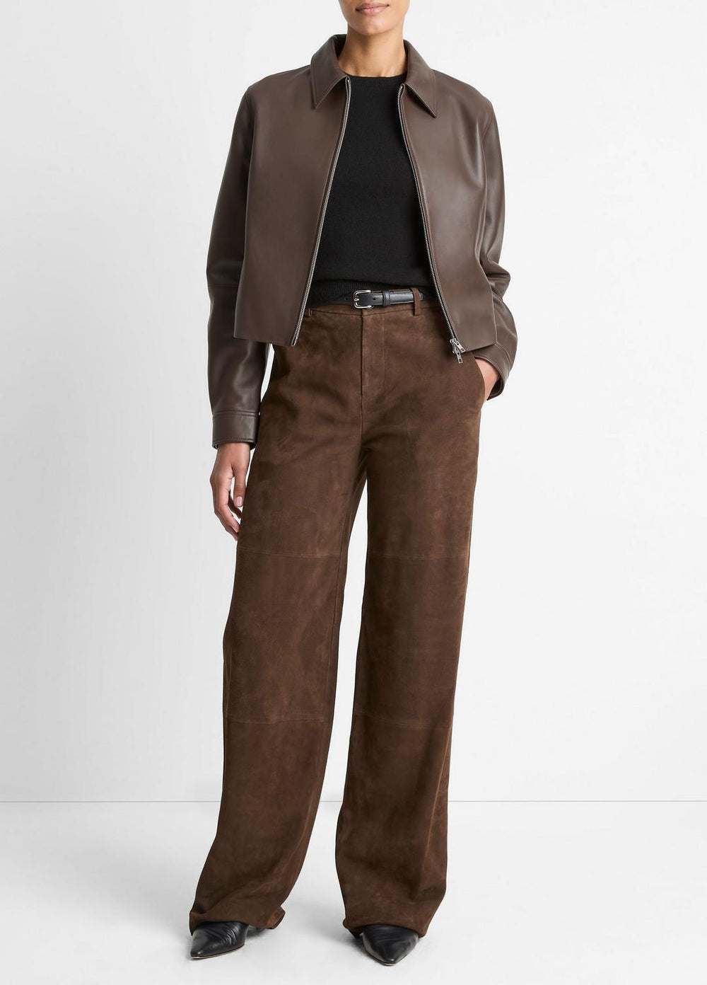 VINCE | Leather Cropped Zip-Front Jacket in Leather Jackets - CHOCOLATE
