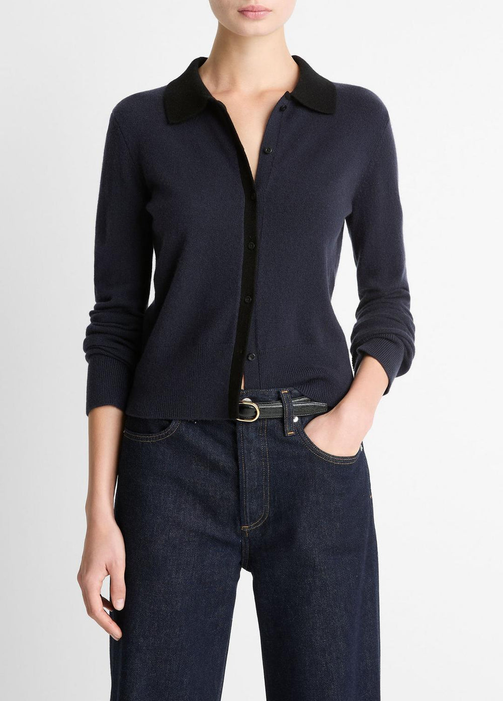 VINCE | Contrast-Trim Wool & Cashmere-Blend Collared Cardigan in Cardigans - NIGHT MARINE/BLACK