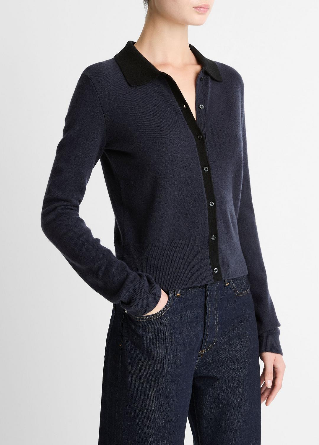 VINCE | Contrast-Trim Wool & Cashmere-Blend Collared Cardigan in Cardigans - NIGHT MARINE/BLACK