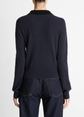 VINCE | Contrast-Trim Wool & Cashmere-Blend Collared Cardigan in Cardigans - NIGHT MARINE/BLACK