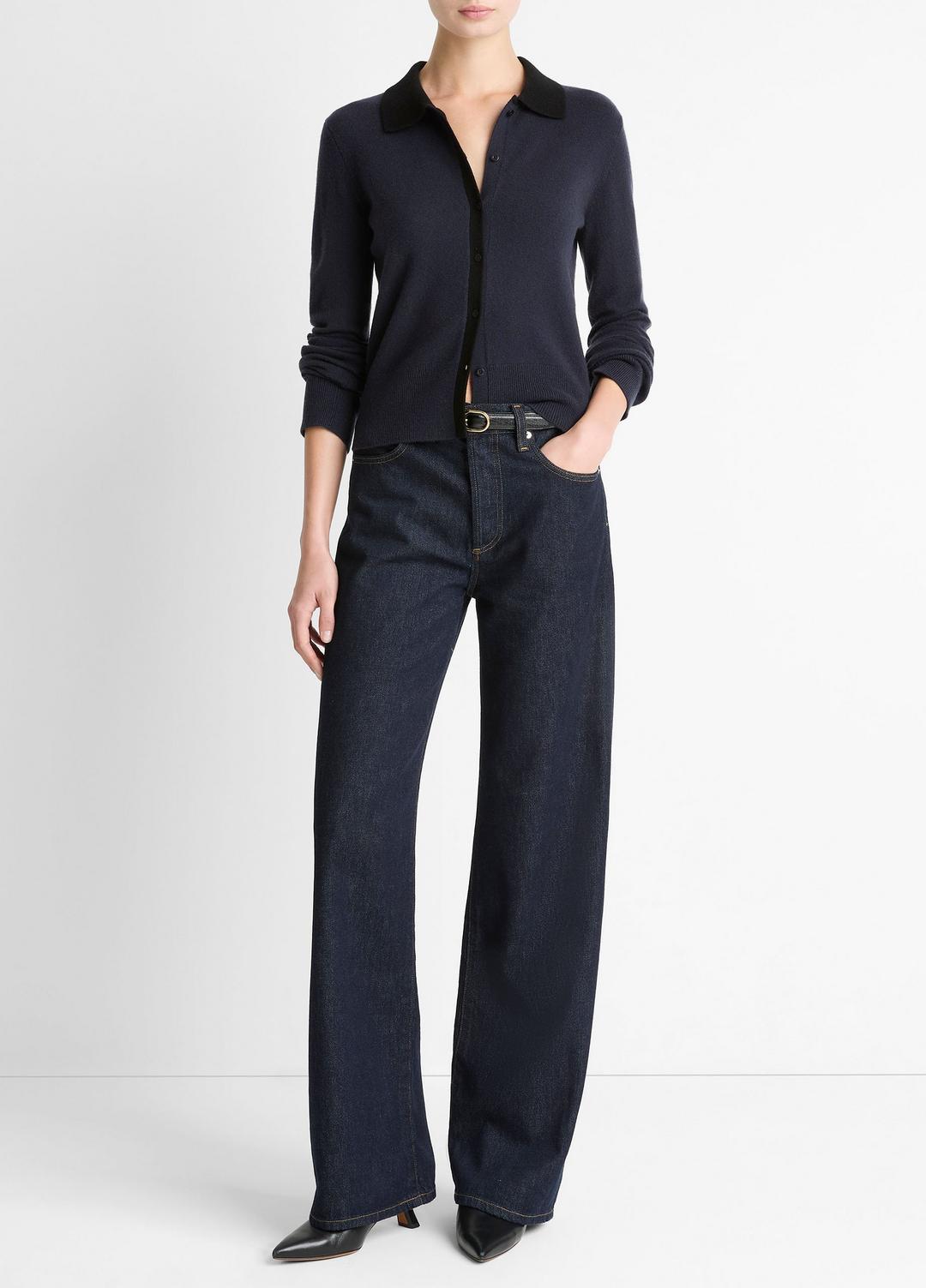 VINCE | Contrast-Trim Wool & Cashmere-Blend Collared Cardigan in Cardigans - NIGHT MARINE/BLACK