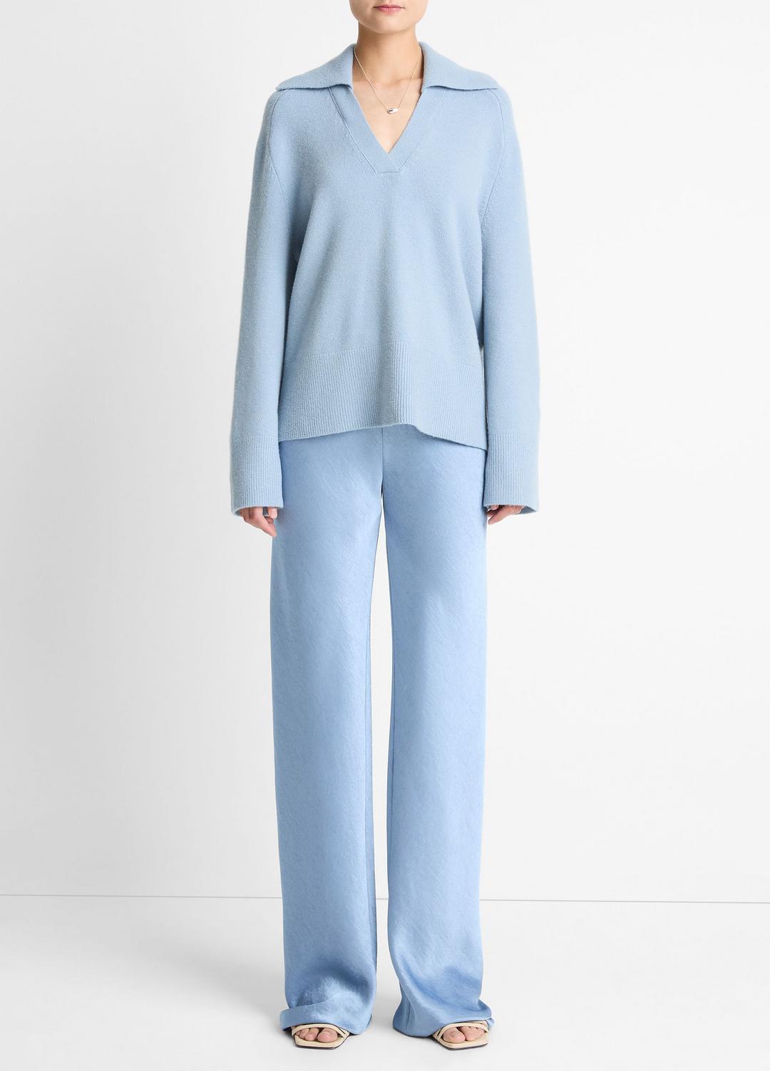 VINCE | Wool & Cashmere-Blend Oversized Polo Sweater in V-Neck - PACIFIC