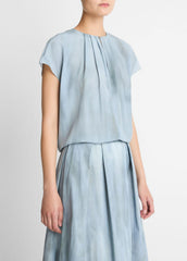 VINCE | Washed Ombré Silk Gathered Cap-Sleeve Blouse in Short Sleeve - AZURA WASH