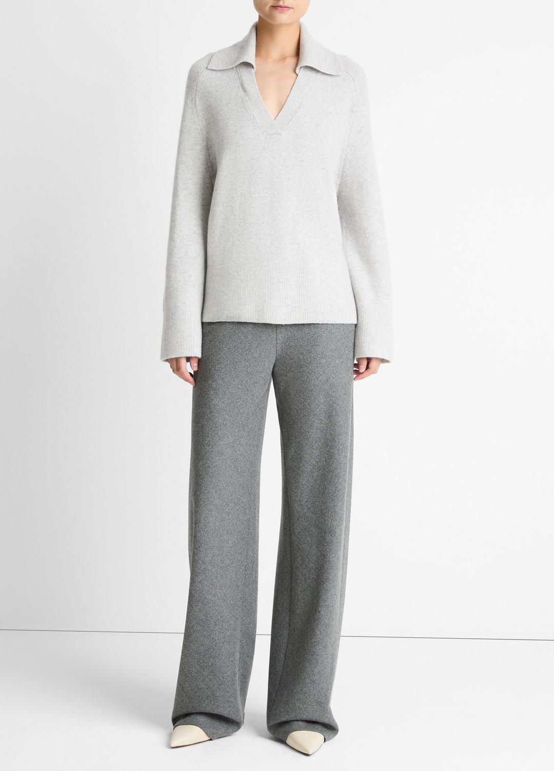 VINCE | Wool & Cashmere-Blend Oversized Polo Sweater in V-Neck - HEATHER PALE GREY