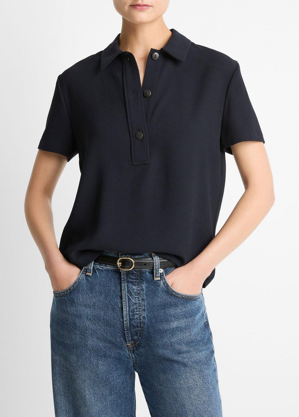 VINCE | Crepe Polo Shirt in Short Sleeve - COASTAL BLUE