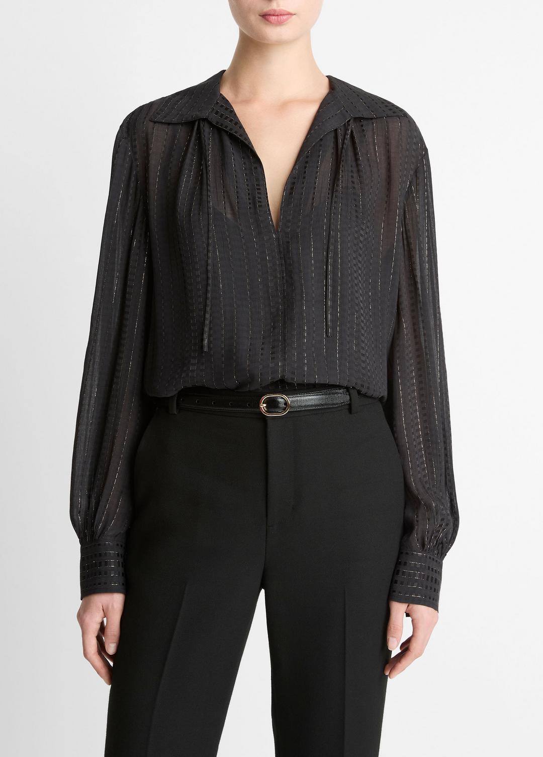 VINCE | Metallic-Stripe Gathered Blouse in Long Sleeve - BLACK
