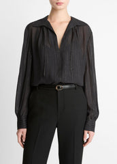 VINCE | Metallic-Stripe Gathered Blouse in Long Sleeve - BLACK