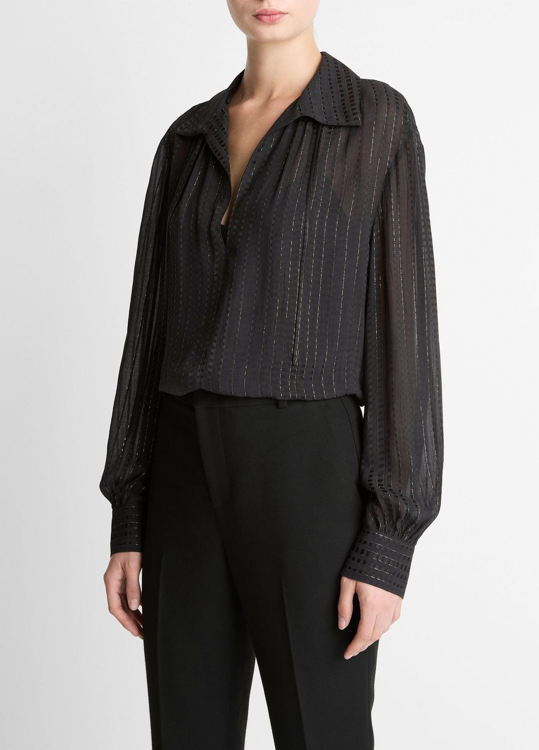 VINCE | Metallic-Stripe Gathered Blouse in Long Sleeve - BLACK
