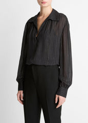 VINCE | Metallic-Stripe Gathered Blouse in Long Sleeve - BLACK