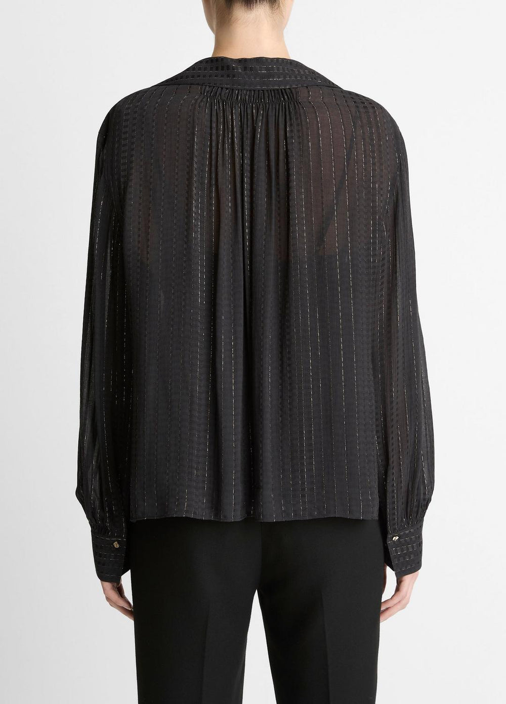 VINCE | Metallic-Stripe Gathered Blouse in Long Sleeve - BLACK