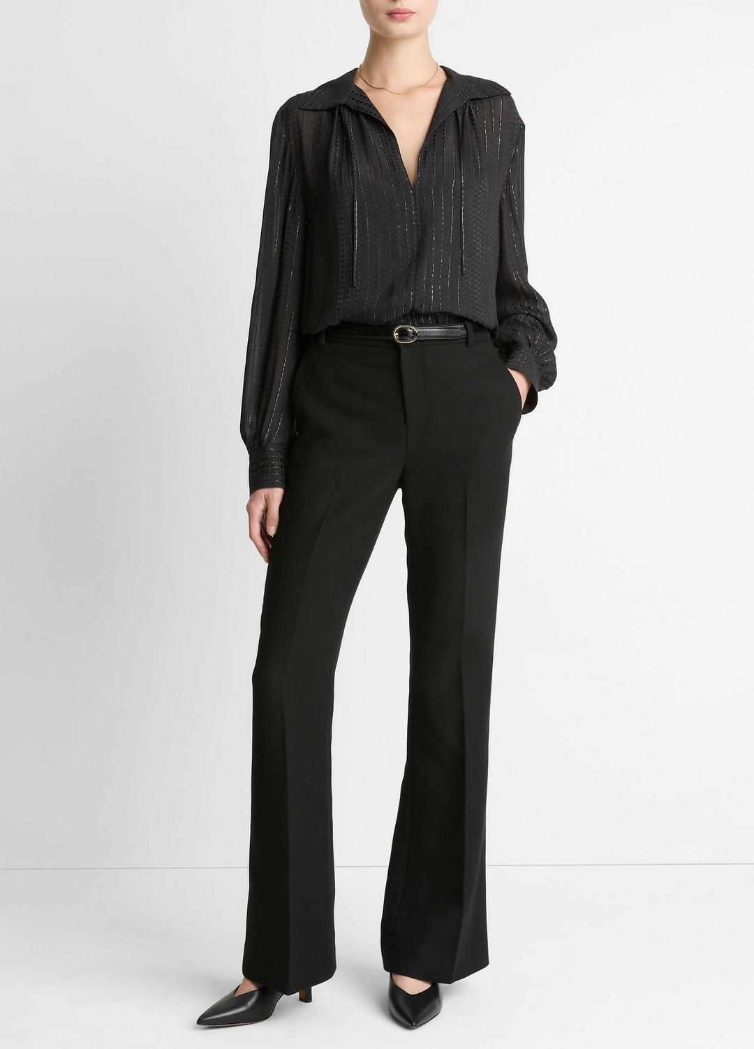 VINCE | Metallic-Stripe Gathered Blouse in Long Sleeve - BLACK