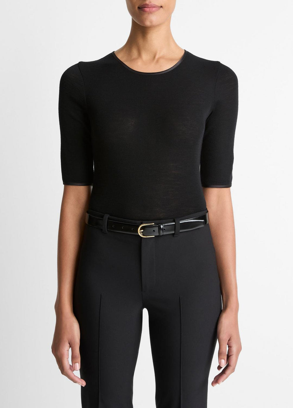 VINCE | Satin-Trim Wool Elbow-Sleeve T-Shirt in Short Sleeve - BLACK