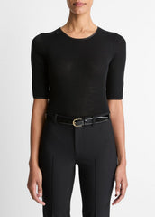 VINCE | Satin-Trim Wool Elbow-Sleeve T-Shirt in Short Sleeve - BLACK
