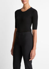 VINCE | Satin-Trim Wool Elbow-Sleeve T-Shirt in Short Sleeve - BLACK