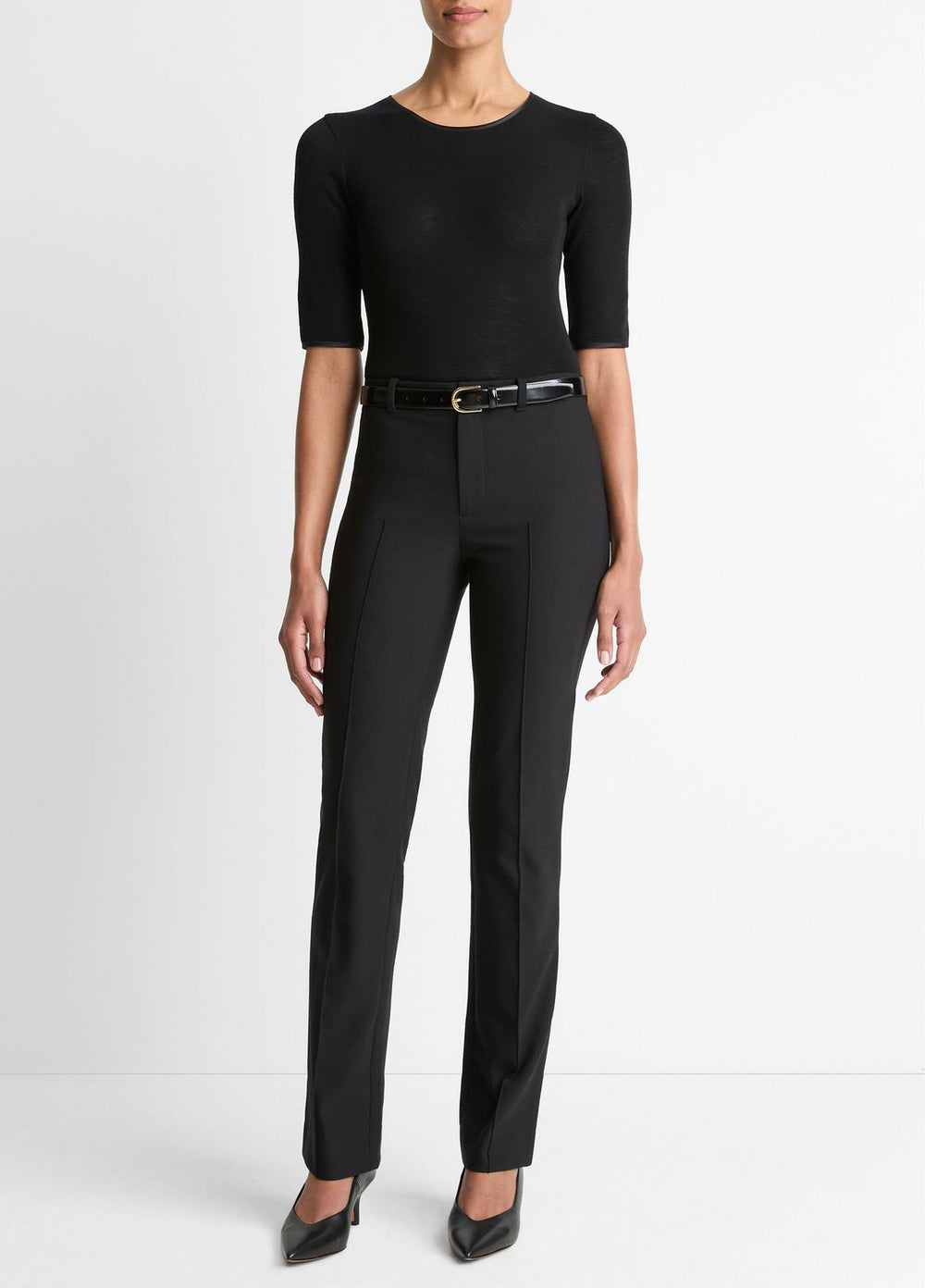 VINCE | Satin-Trim Wool Elbow-Sleeve T-Shirt in Short Sleeve - BLACK