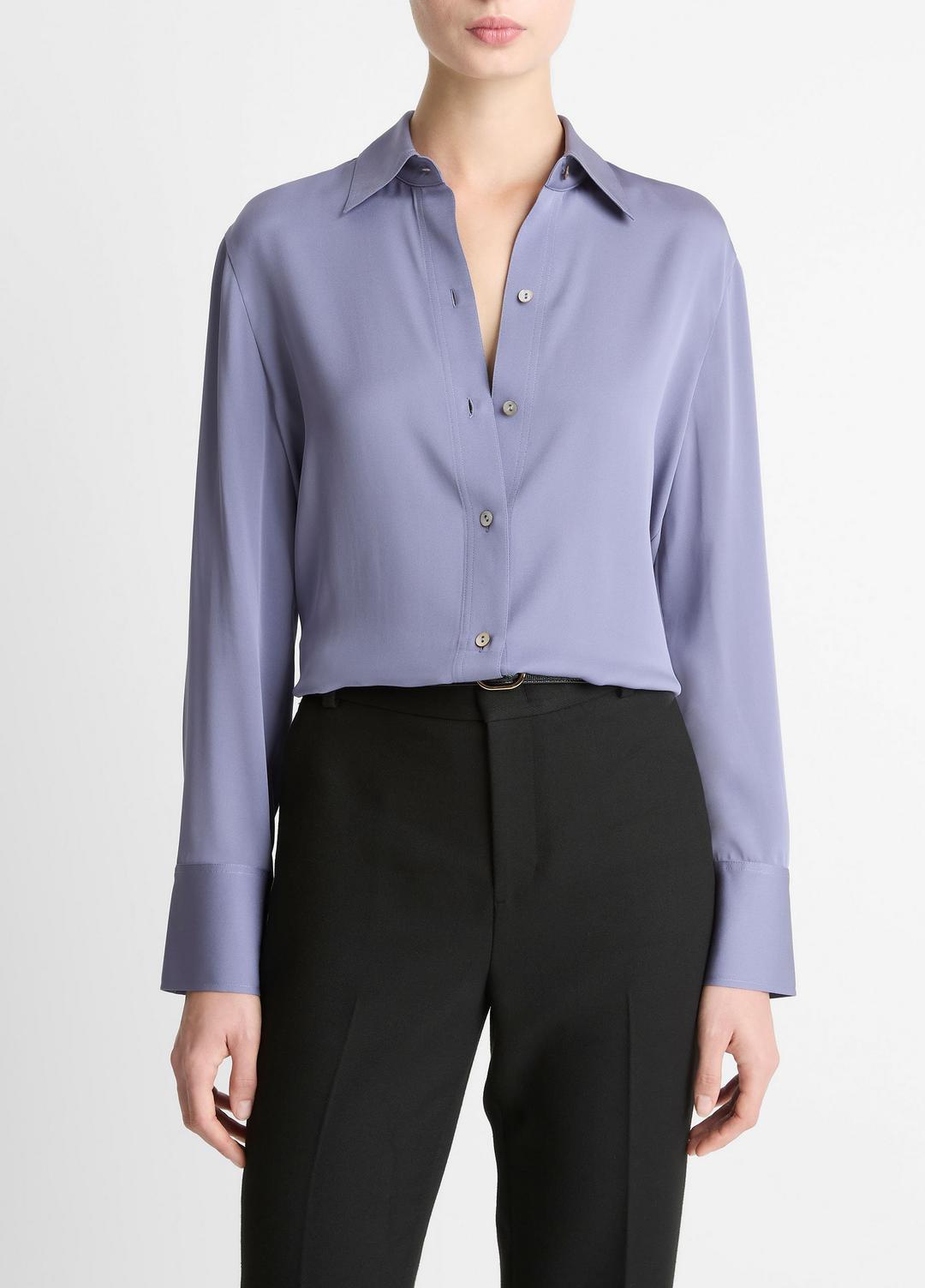 VINCE | Stretch-Silk Button-Front Blouse in Long Sleeve - MAUVE IRIS