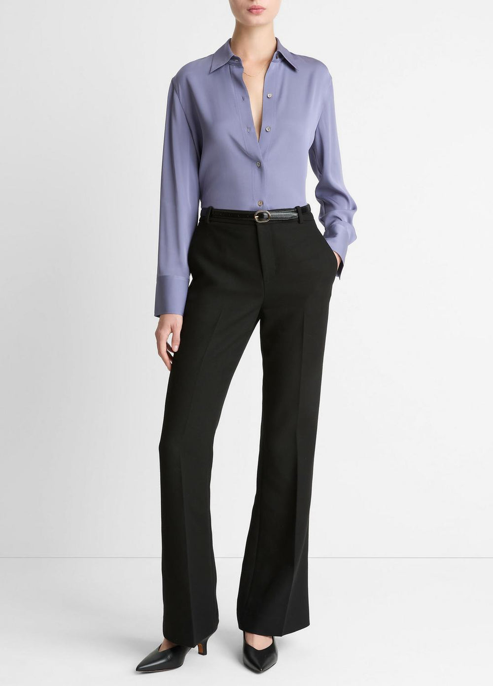 VINCE | Stretch-Silk Button-Front Blouse in Long Sleeve - MAUVE IRIS