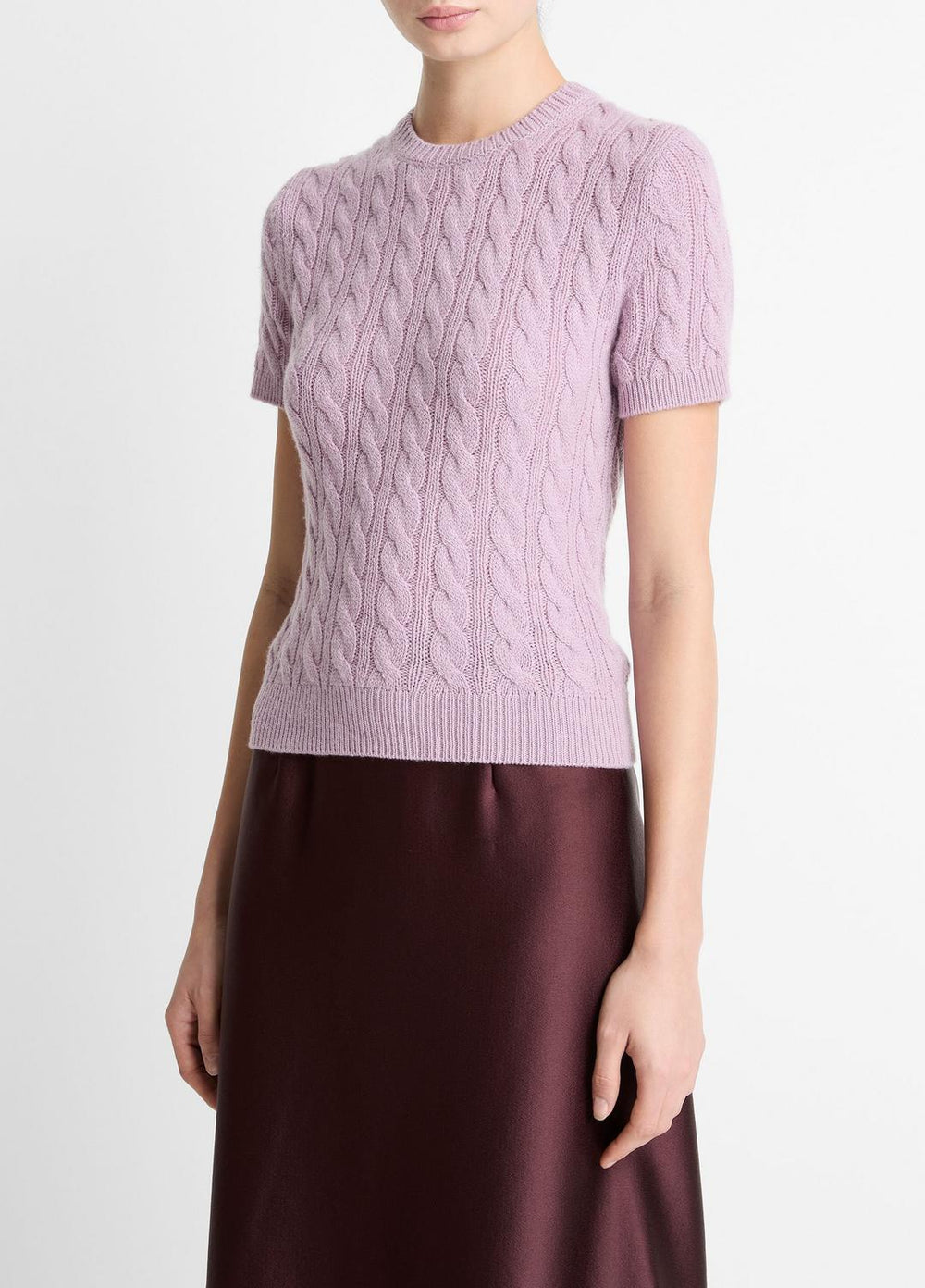 VINCE | Cable-Knit Wool & Cashmere-Blend Short-Sleeve Sweater in Crew Neck - AMETHYST