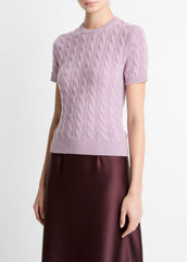 VINCE | Cable-Knit Wool & Cashmere-Blend Short-Sleeve Sweater in Crew Neck - AMETHYST