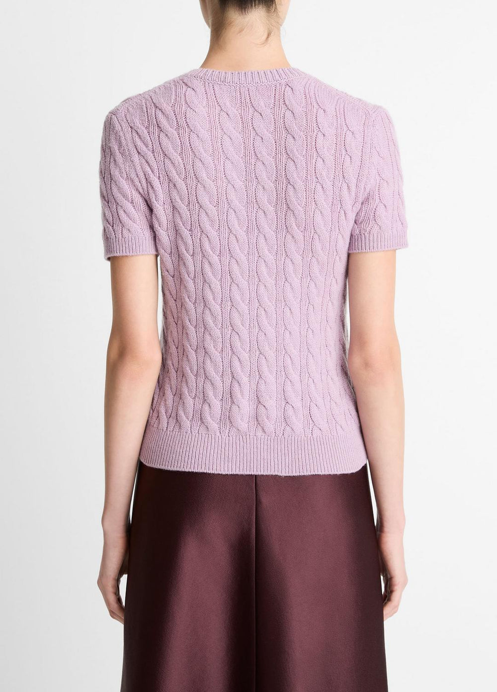 VINCE | Cable-Knit Wool & Cashmere-Blend Short-Sleeve Sweater in Crew Neck - AMETHYST