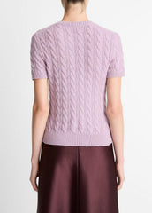 VINCE | Cable-Knit Wool & Cashmere-Blend Short-Sleeve Sweater in Crew Neck - AMETHYST