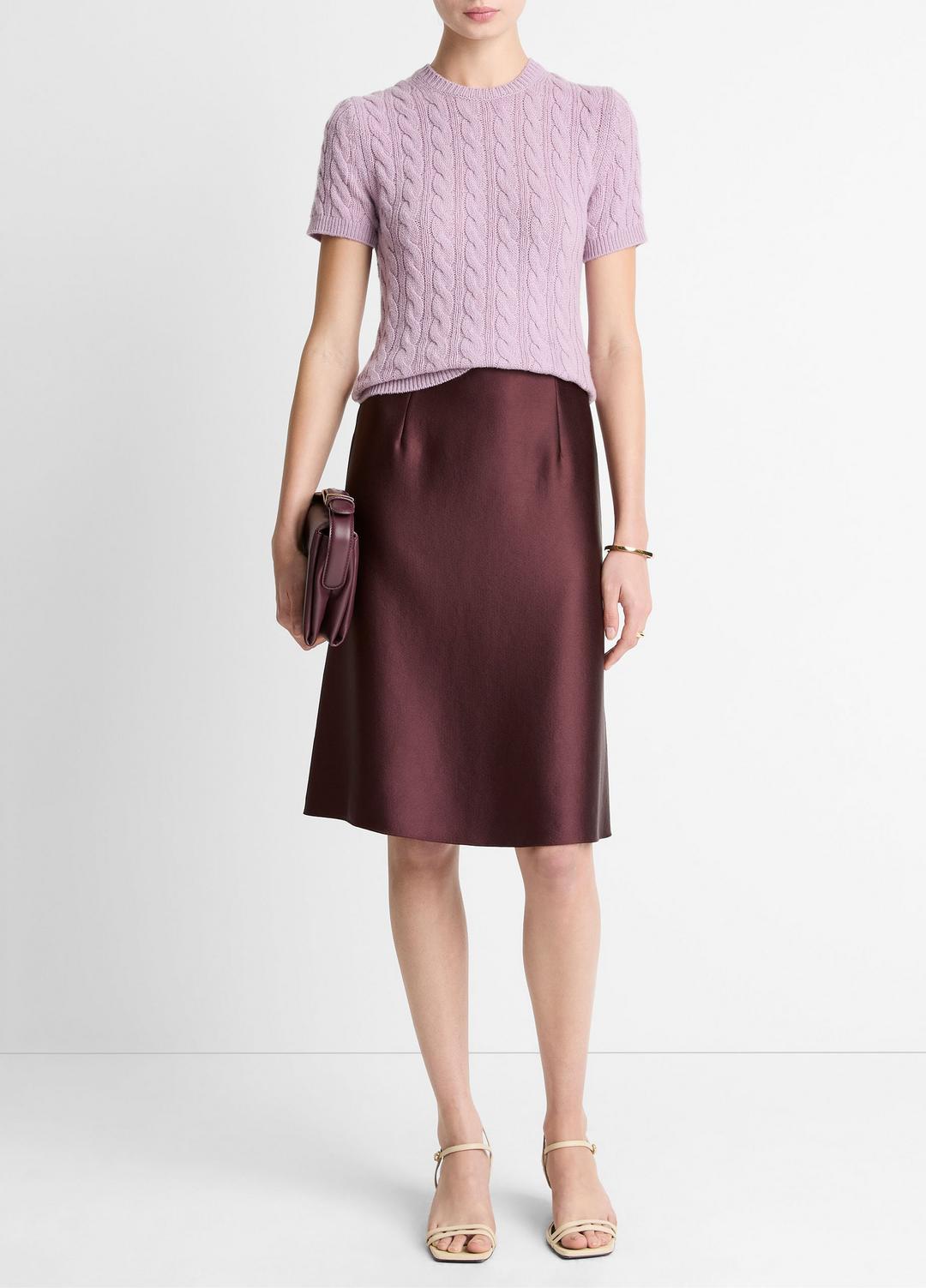 VINCE | Cable-Knit Wool & Cashmere-Blend Short-Sleeve Sweater in Crew Neck - AMETHYST