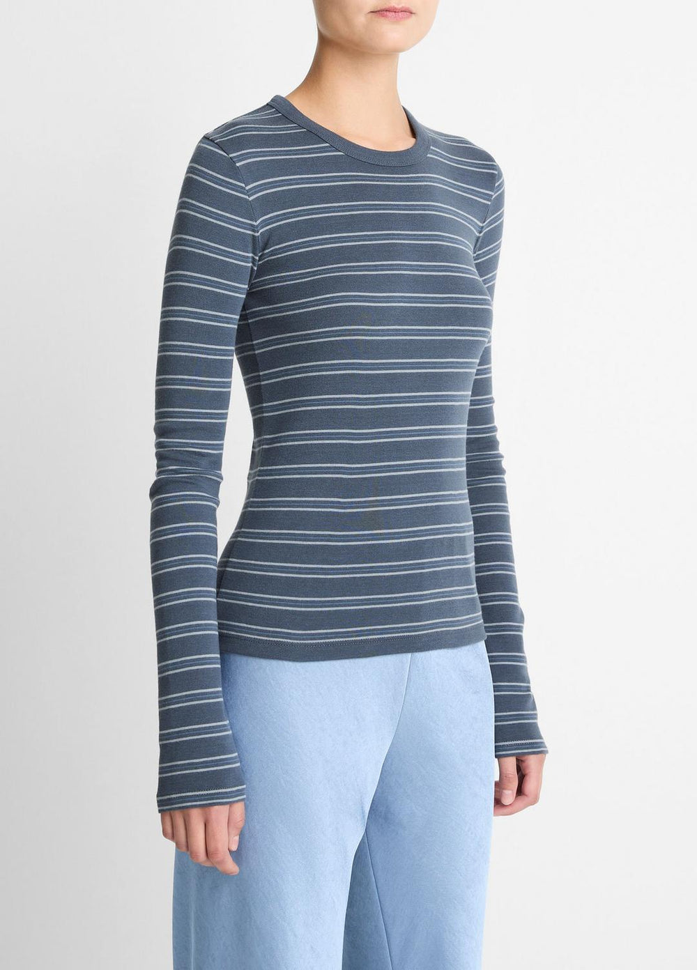 VINCE | Striped Pima Cotton-Blend Long-Sleeve T-Shirt in Long Sleeve - AZURA COMBO