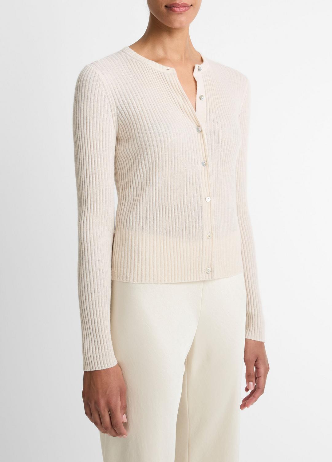 VINCE | Ribbed Cashmere-Silk Cardigan in Cardigans - WHITE SAND