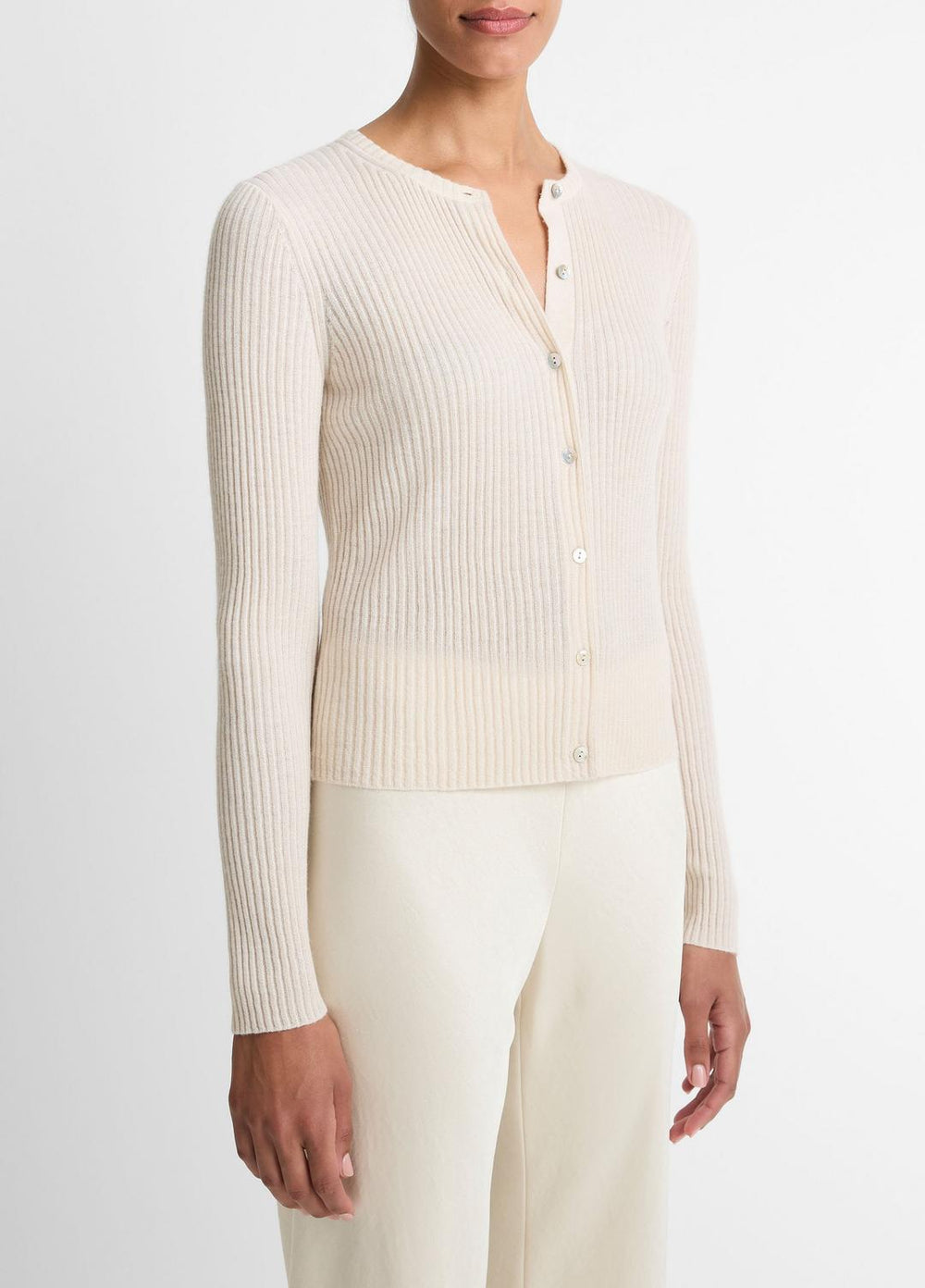 VINCE | Ribbed Cashmere-Silk Cardigan in Cardigans - WHITE SAND