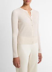 VINCE | Ribbed Cashmere-Silk Cardigan in Cardigans - WHITE SAND