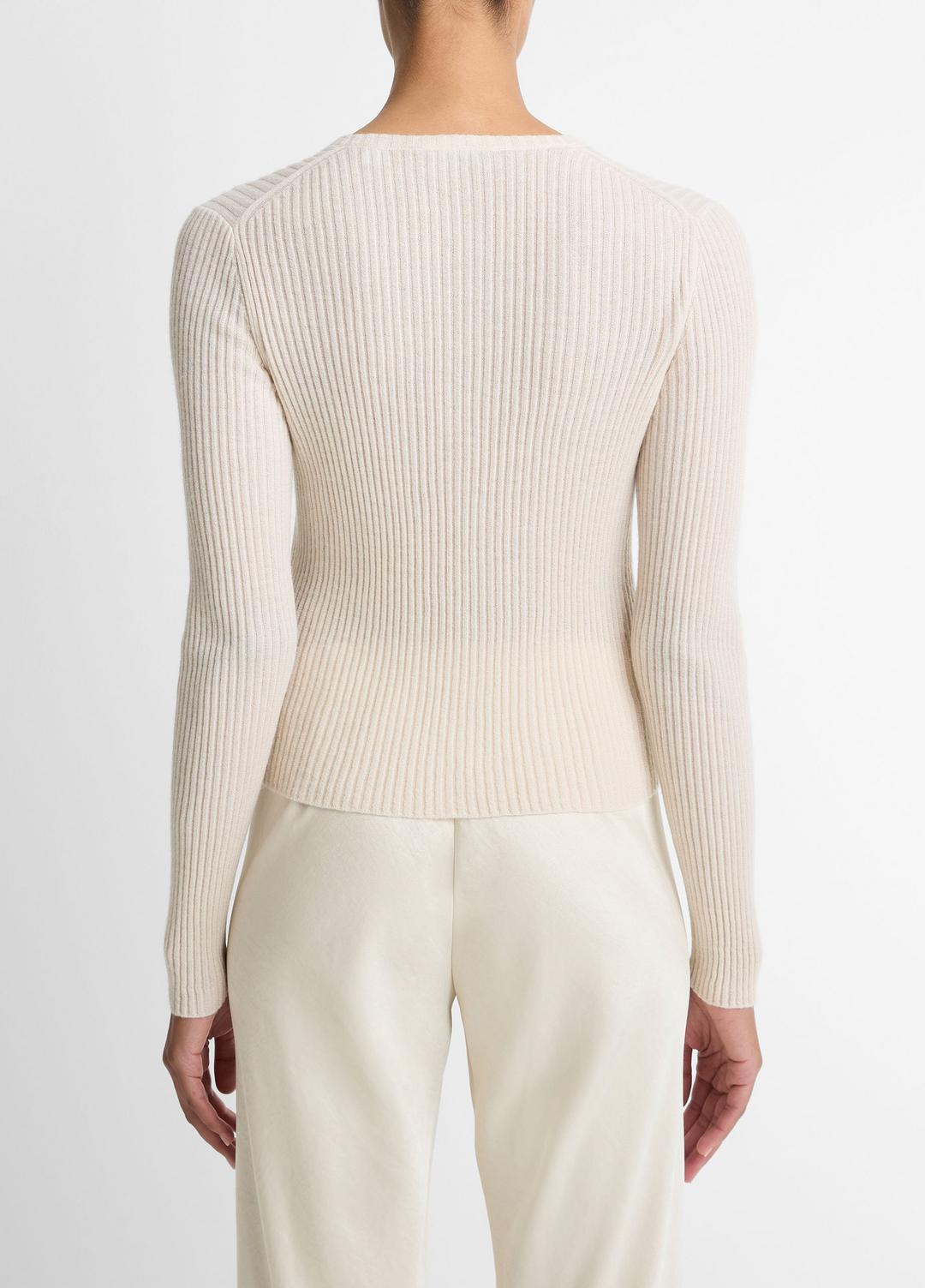 VINCE | Ribbed Cashmere-Silk Cardigan in Cardigans - WHITE SAND