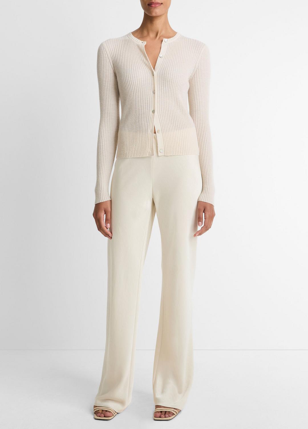 VINCE | Ribbed Cashmere-Silk Cardigan in Cardigans - WHITE SAND