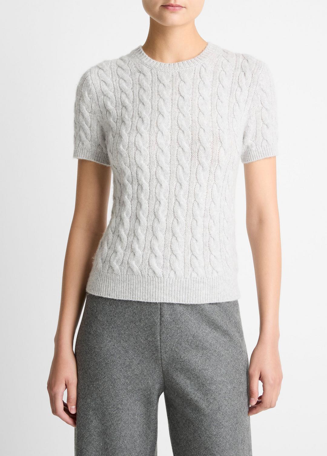 VINCE | Cable-Knit Wool & Cashmere-Blend Short-Sleeve Sweater in Crew Neck - HEATHER PALE GREY