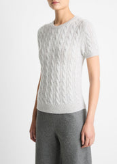 VINCE | Cable-Knit Wool & Cashmere-Blend Short-Sleeve Sweater in Crew Neck - HEATHER PALE GREY
