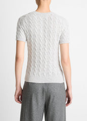 VINCE | Cable-Knit Wool & Cashmere-Blend Short-Sleeve Sweater in Crew Neck - HEATHER PALE GREY