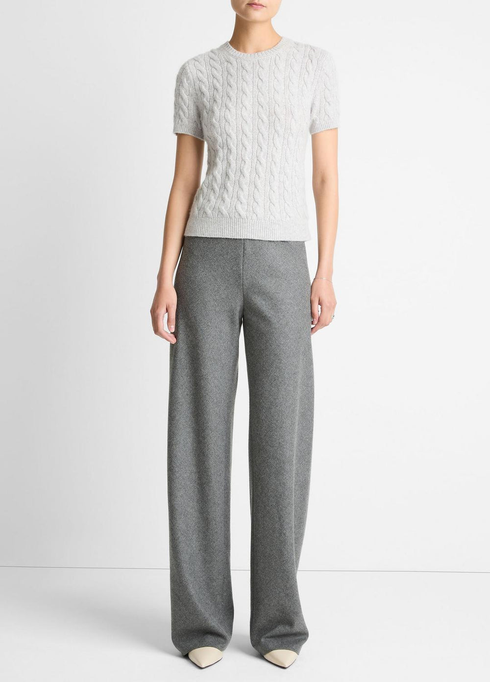 VINCE | Cable-Knit Wool & Cashmere-Blend Short-Sleeve Sweater in Crew Neck - HEATHER PALE GREY