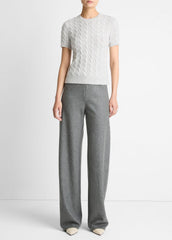 VINCE | Cable-Knit Wool & Cashmere-Blend Short-Sleeve Sweater in Crew Neck - HEATHER PALE GREY