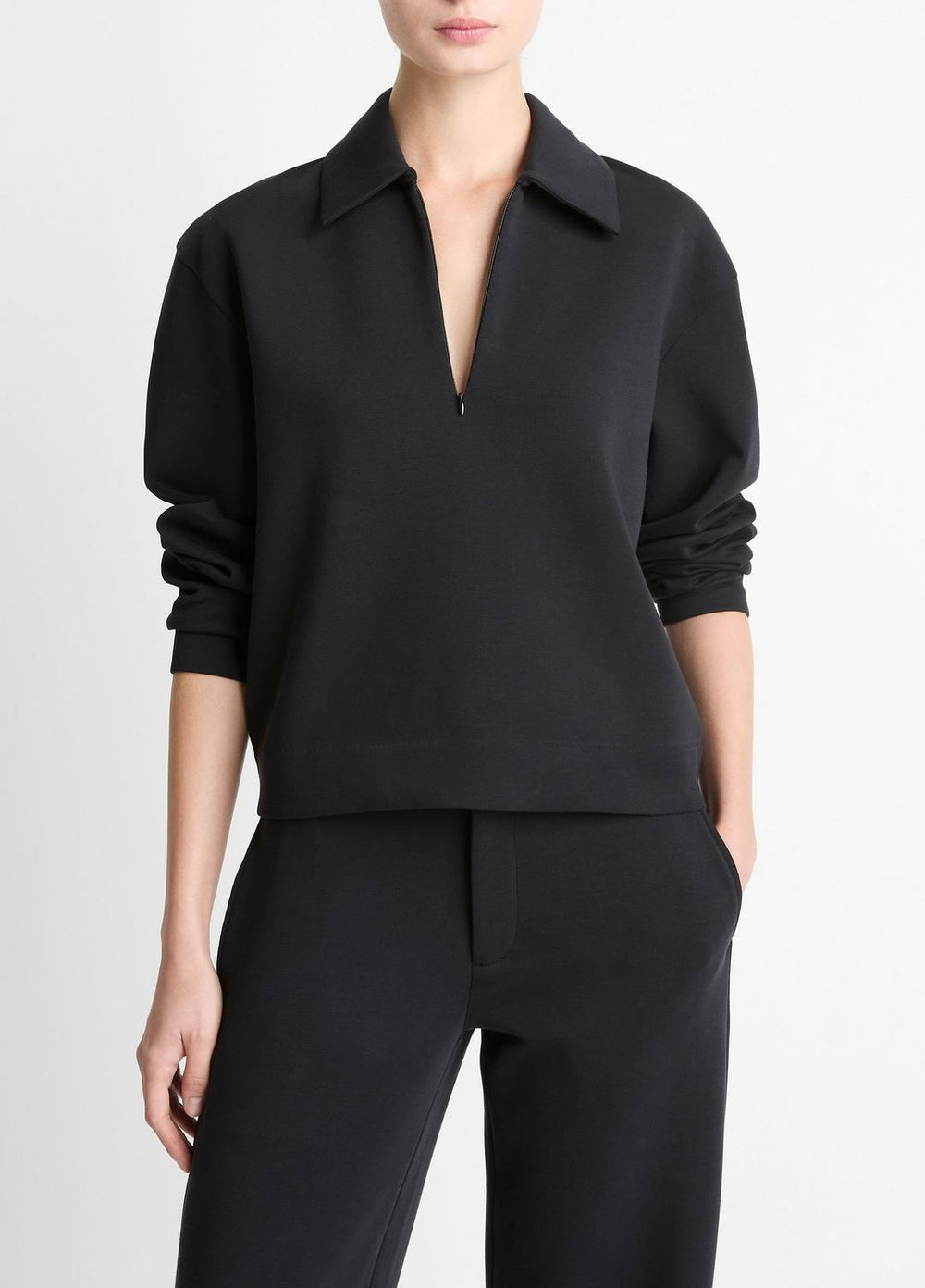VINCE | Cotton-Blend Half-Zip Pullover in Long Sleeve - BLACK