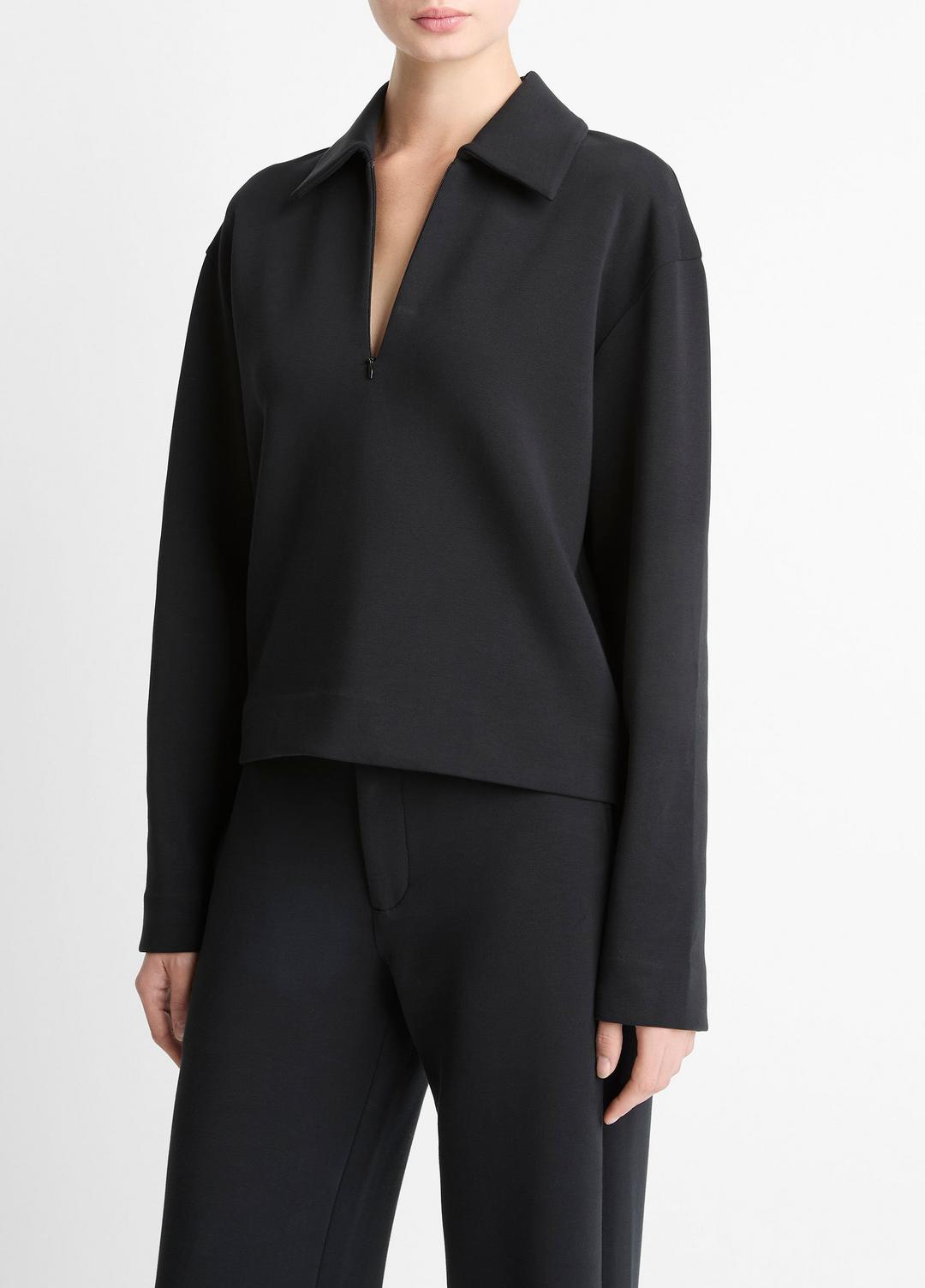 VINCE | Cotton-Blend Half-Zip Pullover in Long Sleeve - BLACK