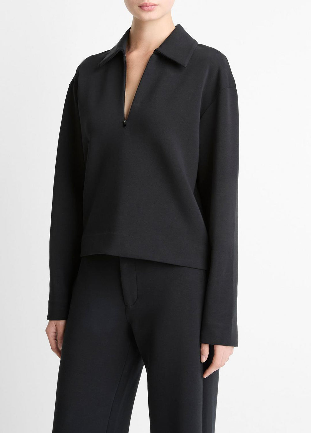 VINCE | Cotton-Blend Half-Zip Pullover in Long Sleeve - BLACK