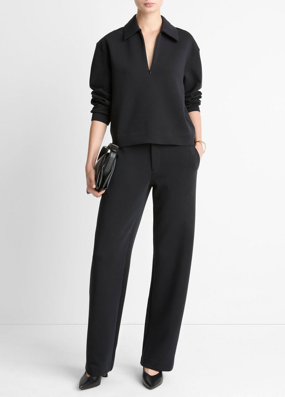 VINCE | Cotton-Blend Half-Zip Pullover in Long Sleeve - BLACK